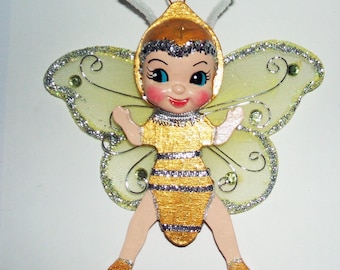 BUTTERFLY PIXIE BUG Ornament  Anthropomorphic Vintage Christmas Kitsch Style Plaque Wall Hanging Figurine