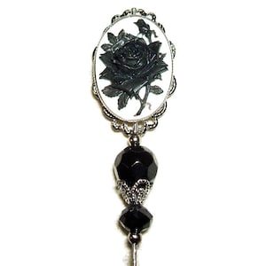 Hatpin BLACK ROSE CAMEO Stick Hat Pin Long Vintage Mourning Gothic Style Silver Pltd