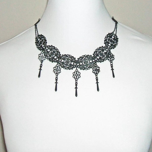 BLACK GOTHIC NECKLACE with Swords Filigree Panel Links Berlin Iron Replica Reenactment Jewelry