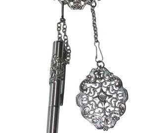 MODERN VICTORIAN Simple CHATELAINE Brooch Pin Useful Pen Notepad Vintage Style