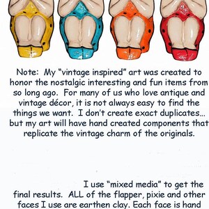 May include: Four ceramic figurines featuring stylised faces with dark hair, long eyelashes, and red lips. Each figure wears a sleeveless dress in yellow, blue, orange, or red with black polka dots, with hands clasped together near the chin.