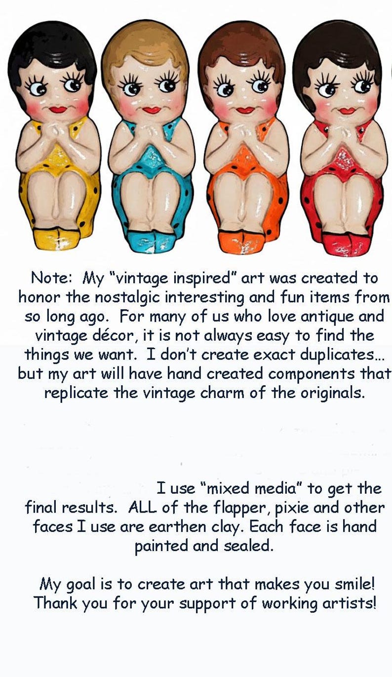 May include: Four ceramic figurines featuring stylised faces with dark hair, long eyelashes, and red lips. Each figure wears a sleeveless dress in yellow, blue, orange, or red with black polka dots, with hands clasped together near the chin.