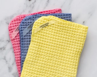 Yellow, Blue & Pink Set Organic Cotton Dish Cloths, Waffle Weave Organic Cotton Kitchen Cloth, Hand Dyed Wash Cloths