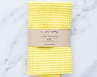 Yellow Organic Cotton Kitchen Towel, Waffle Weave Organic Cotton Tea Towel