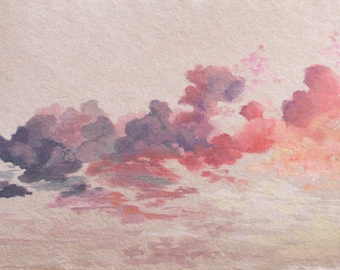 Impresión artística. Puesta de sol rosa y violeta. Nubes rosas, nubes violetas. Impresión de nubes. Nubes pintadas a mano. Regalo para ella