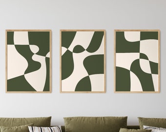 Green Abstract Art Set of 3 Pieces Dark Sage Green Wall Art Gallery Wall Set of 3 Wall Prints Green DOWNLOADABLE Art Extra Large Office Art