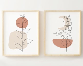 Sun and Moon Modern Minimal Line Drawing Wall Art, Botanical Line Art Print Set of 2, Mid Century Modern Minimal Decor, PRINTABLE DOWNLOAD