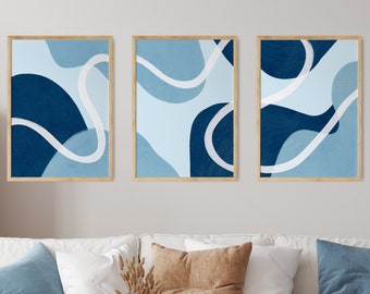 Navy Blue Abstract Wall Art Set of 3 Piece Wall Art Pastel Blue Wall Art Set Extra Large Light Blue Art Gallery Wall Set Large Printable Art