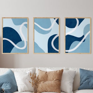 Navy Blue Abstract Wall Art Set of 3 Piece Wall Art Pastel Blue Wall Art Set Extra Large Light Blue Art Gallery Wall Set Large Printable Art