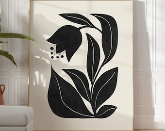Black Minimalist Flower Print Abstract Botanical Wall Art, Abstract Floral Decor PRINTABLE DOWNLOAD Floral Illustration Simple Abstract Art