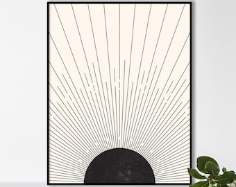 Mid Century Black Sun - Sunrise Printable Poster, Mid Century Modern Art, Minimalist Geometric Art, Black and White – Beige Boho Decor