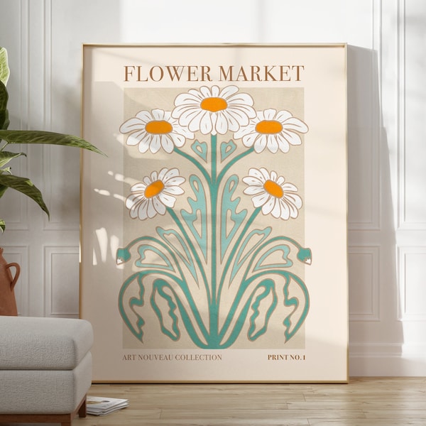 Art Nouveau Daisies Flower Market Poster PRINTABLE Flower Art, Flower Market Sign Daisy Flower Poster Botanical Wall Art Modern Art Print