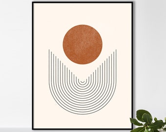 Burnt Orange Circle and Geometric Arch – Rainbow Lines Printable Poster, Mid century Minimalist Wall Art Abstract Geometric Lines and Shapes