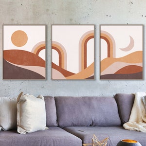 Sun and Moon Abstract Landscape, Mid Century Abstract Boho Art, Printable Poster Bundle Set of 3 Prints, Earth Tones Terracotta Wall Art