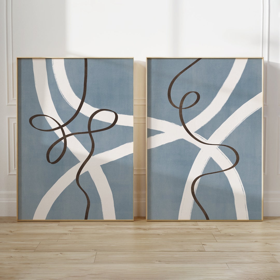 Blue Abstract Wall Art Set of 2 Abstract Lines in Blue, White and Brown ...