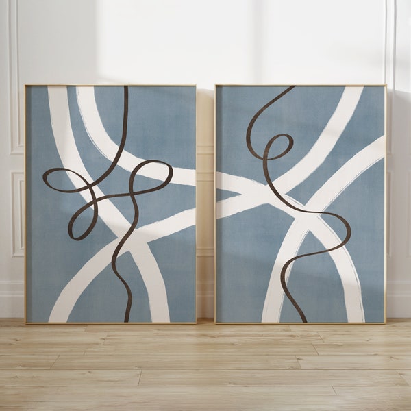 Blue Abstract Wall Art Set of 2 Abstract Lines in Blue, White and Brown Abstract Lines, Blue Wall Art, Blue Grey Wall Art in Steel Blue