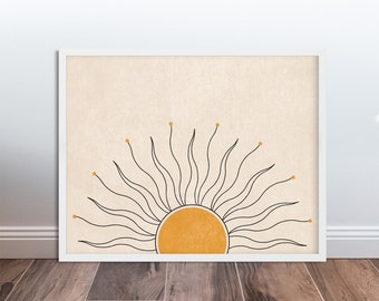 Rising Sun Mid-Century Abstract Modern Art Printable Poster– Mustard Yellow and Neutral Earth Tones – Living Room Boho Decor Sun Decorations