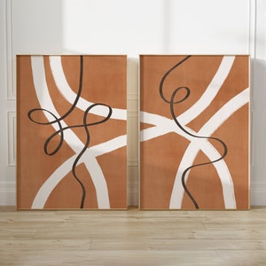 Terrakotta Abstraktes Wandkunst-Set von 2 abstrakten Linien in Terrakotta, weiße und braune abstrakte Linien auf Terrakotta-Wandkunst in Erdtönen