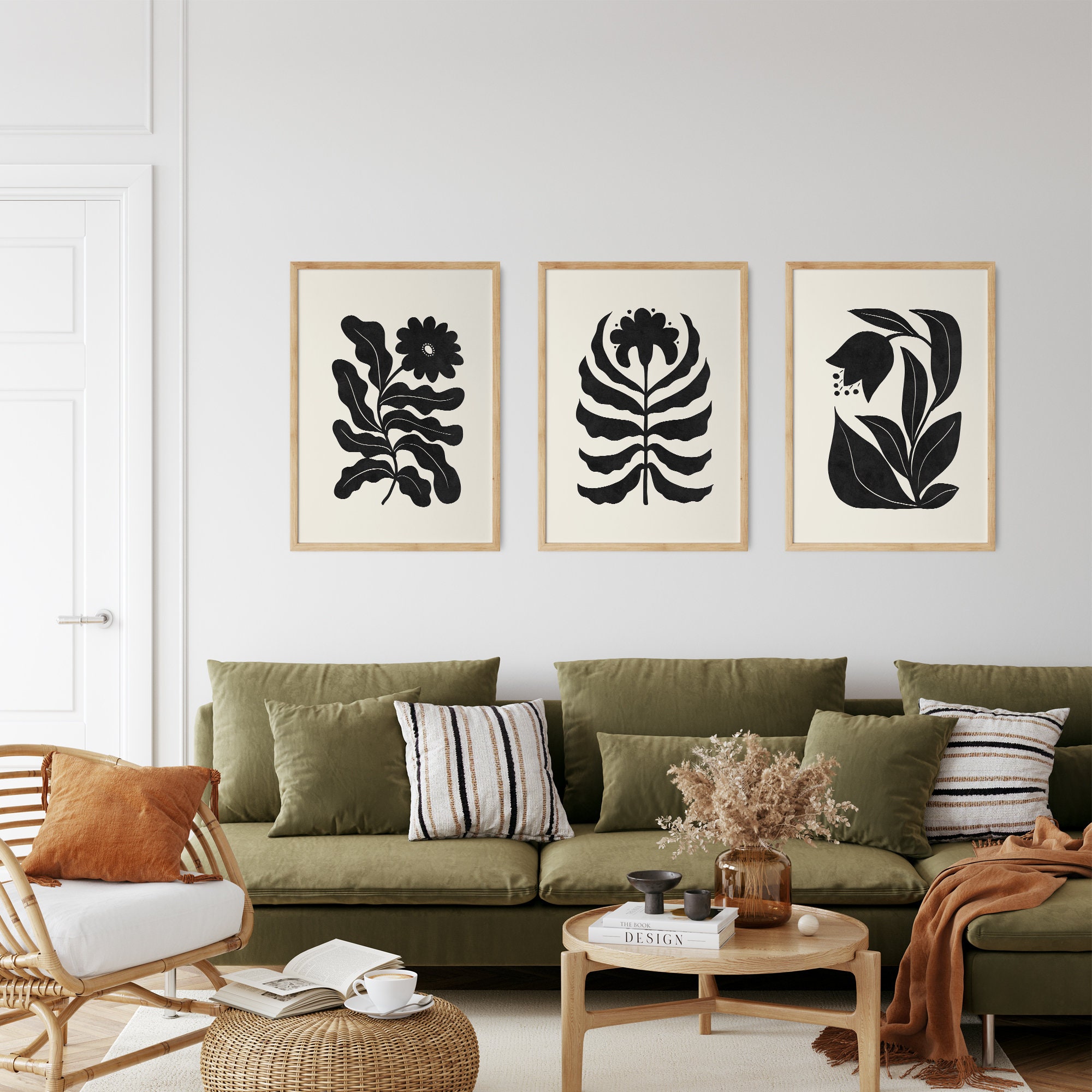 Black Botanical Gallery Wall Art Set of 3 Abstract Floral Print Set ...
