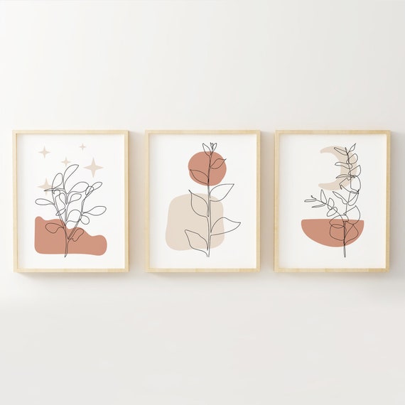 Abstract Botanical Line Drawing Art, Set of 3 Prints, Mid Century Boho Art Decor, Minimal Abstract Modern Art, Abstract Stars, Sun and Moon