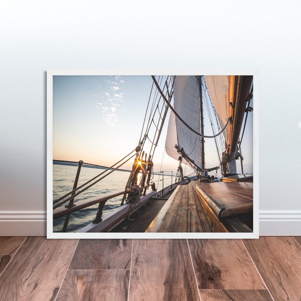 Wooden Sailboat Yacht Photography Print Sail Print Wall Art Sunset Horizon Photography Sailing Photo Boat Nautical Photography Ocean