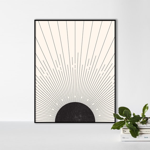 Mid Century Black Sun - Sunrise Printable Poster, Mid Century Modern Art, Minimalist Geometric Art, Black and White – Beige Boho Decor