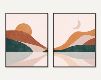Sun and Moon Abstract Landscape, Boho Desert Sunset, Terracotta Mountain, Mid Century Modern Minimalist, Printable Poster Wall Art Diptych