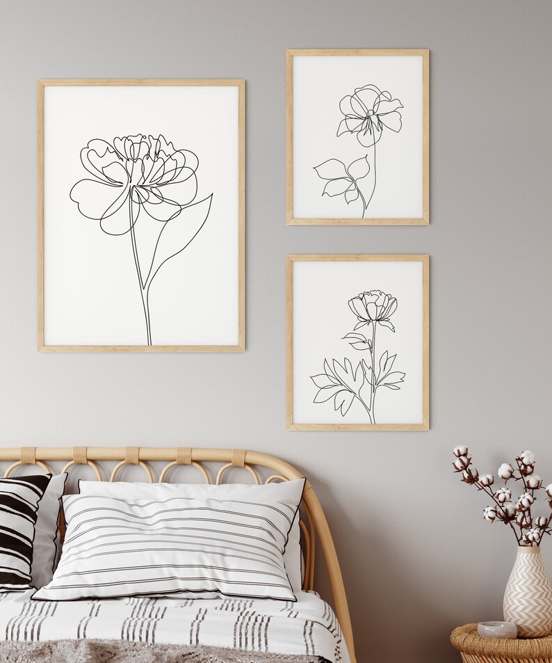 Floral Line Drawing Wall Art Set of 3 Flower Posters Downloadable Line ...