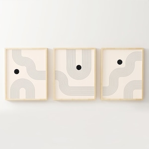 Abstrakte geometrische Linien und Kreise, Set von 3 druckbare Poster, Retro-Grafik-Druck, Mid Century Boho Kunst, moderne minimalistische Wand-Dekor