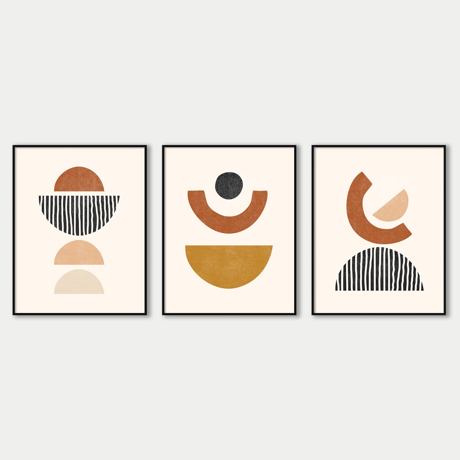 Boho Art Set of 3 Pieces Abstract Shapes Poster Bundle Mid Etsy