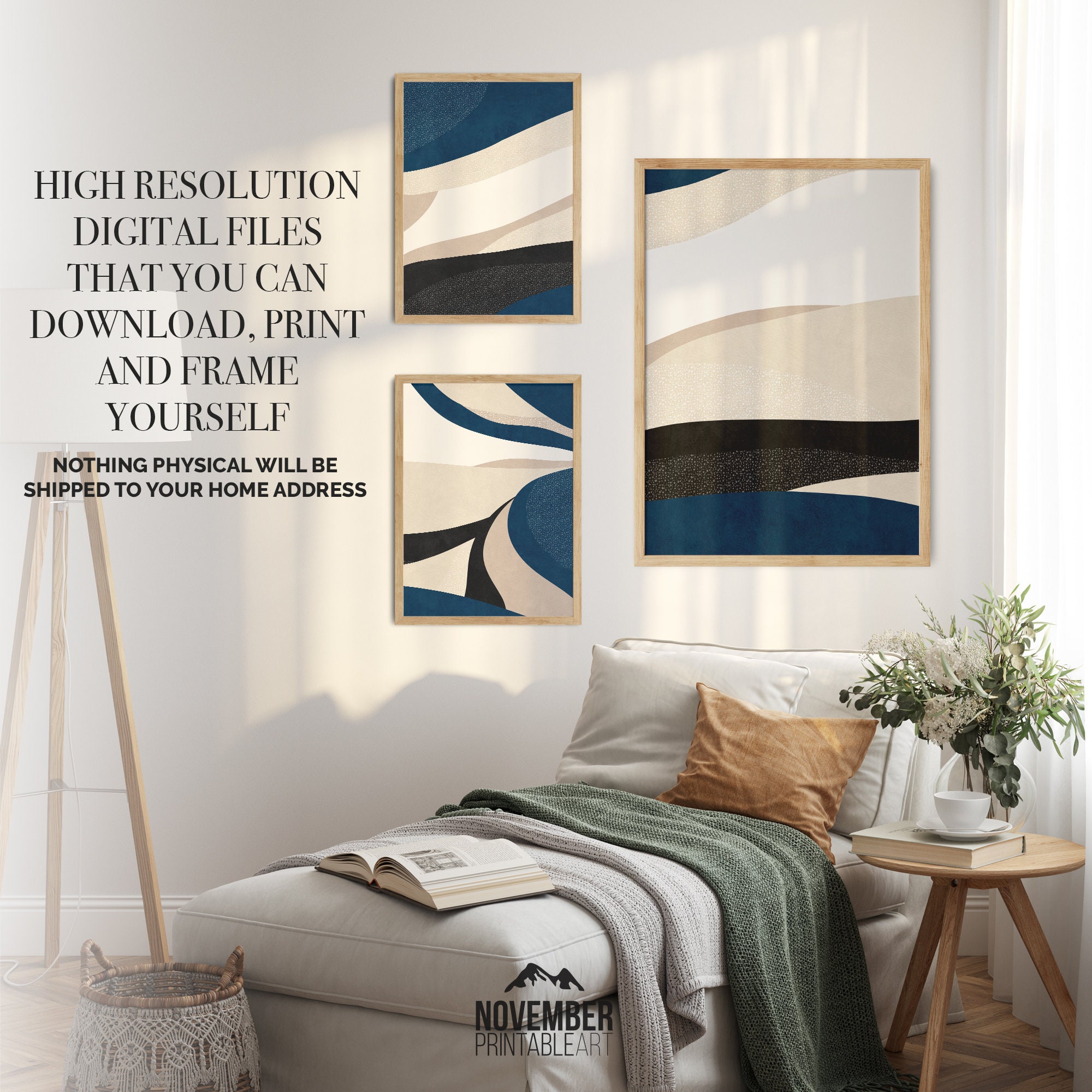 Navy Blue Wall Art Set of 3 Pieces Royal Blue Printable Wall Art Indigo ...