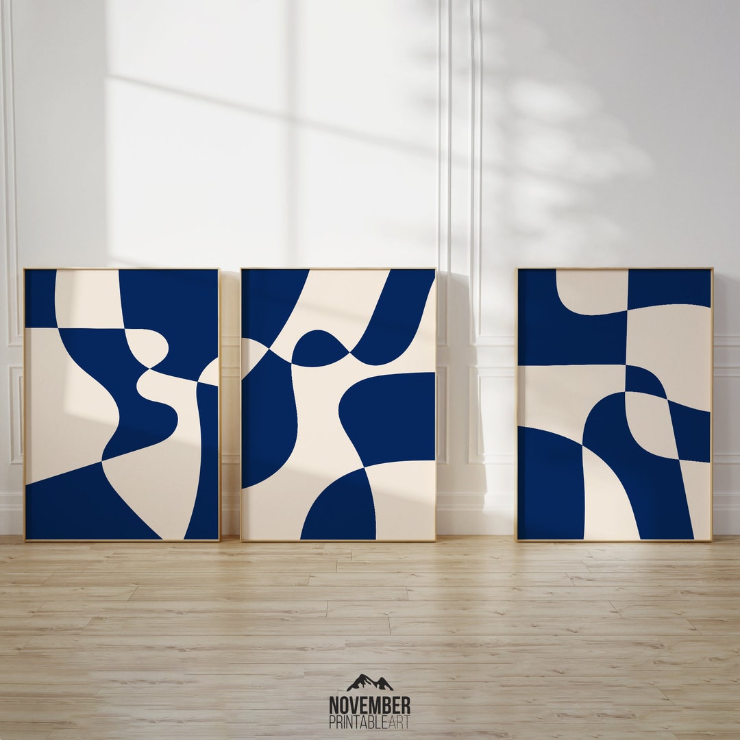 Abstract Indigo Wall Art Set of 3 Navy Blue Wall Art Prints Large ...