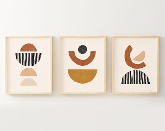 Boho Art Set of 3 pieces, Abstract Shapes Poster Bundle, Mid Century Terracotta Wall Art, Abstract Minimalist Living Room Art Triptych