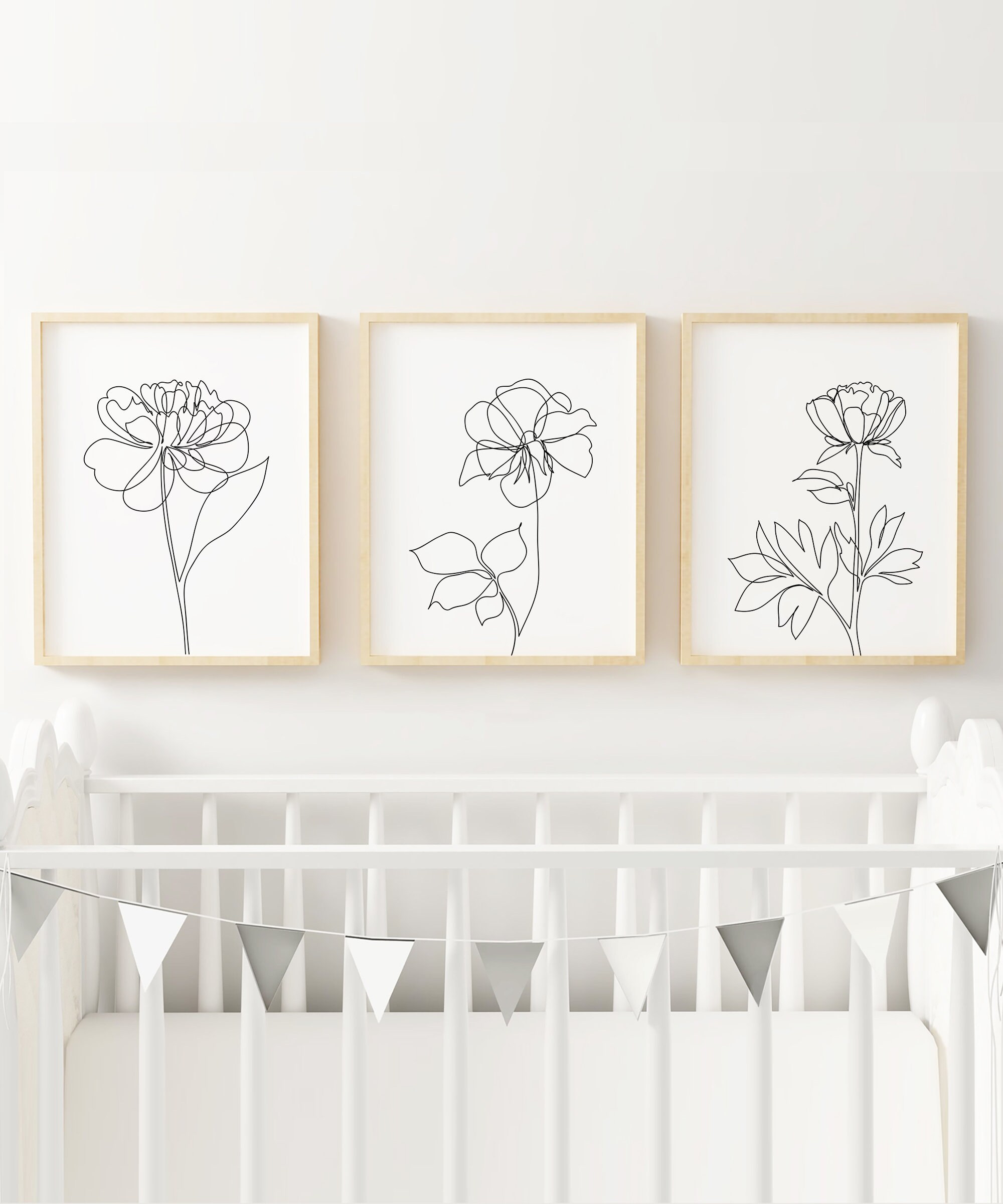 Floral Line Drawing Wall Art Set of 3 Flower Posters Downloadable Line ...