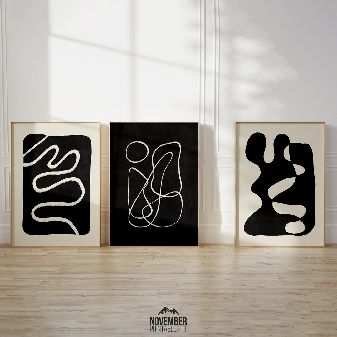 Mid Century Gallery Wall Set of 3 Abstract Wall Art in Black and Beige ...