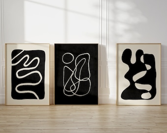 Mid Century Gallery Wandbild 3er Set Abstrakte Wandkunst in Schwarz und Beige, DIGITAL DOWNLOAD Galerie Wanddrucke Schwarz Abstrakte Formen und Linien