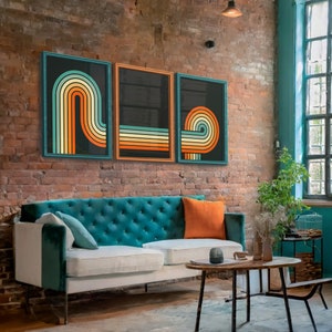 Arte de pared con rayas elegantes de los años 70 / Mega paquete de varios tamaños / Descarga instantánea / Conjunto de pósteres trípticos vintage / Decoración del hogar en tonos brillantes y divertidos