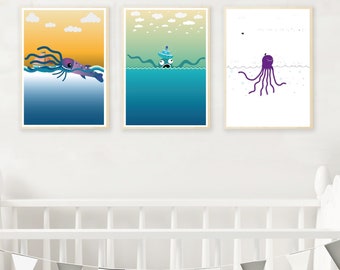 Fun Nautical Sea Monsters | Giant Squid Octopus Kraken Wave | A4 8x10in Ocean Theme Prints Instant Digital Download | Nursery Wall Art Decor