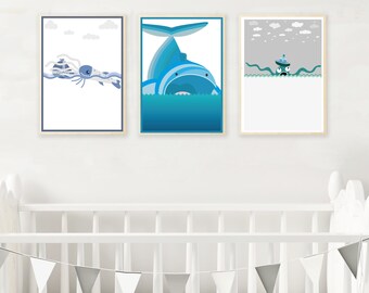 Fun Nautical Sea Monsters | Giant Squid Hungry Whale Kraken | A4 8x10in Ocean Theme Prints Instant Digital Download | Nursery Wall Art Decor