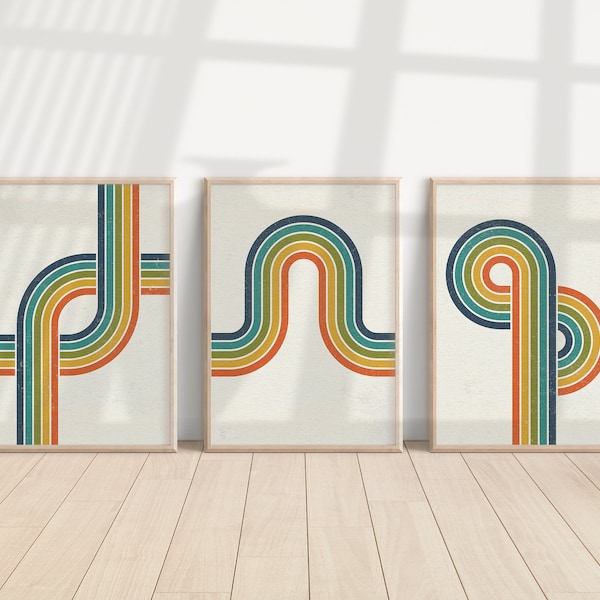 Retro Stripes Wall Art - Adding a 70s Flair to Your Space! | Minimalist 3 Poster Set | Vintage Grit | Rainbow Loops Curves | Cool Home Decor