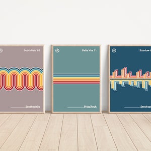 Arte mural musical retro de los años 60, 70 y 80, escenas musicales clásicas, patrón geométrico abstracto minimalista bohemio, synth pop progresivo sintético, decoración del hogar