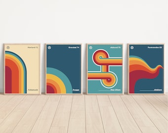 May include: Four framed retro art prints. Each print has a unique design with curved lines in orange, yellow, and red against different background colours. Text includes "Havland 72", "Grendal 74", "Aalsund 79", and "Forstranden 83".