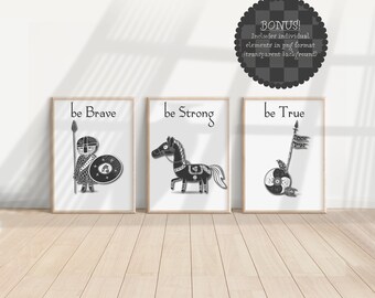 Wikinger Kind Krieger Pferd Raben Schild | Sei mutig sei stark, sei wahr Zitat | Sofortiger digitaler Download Portrait Kinderzimmer Druck | Wand Kunst Dekor