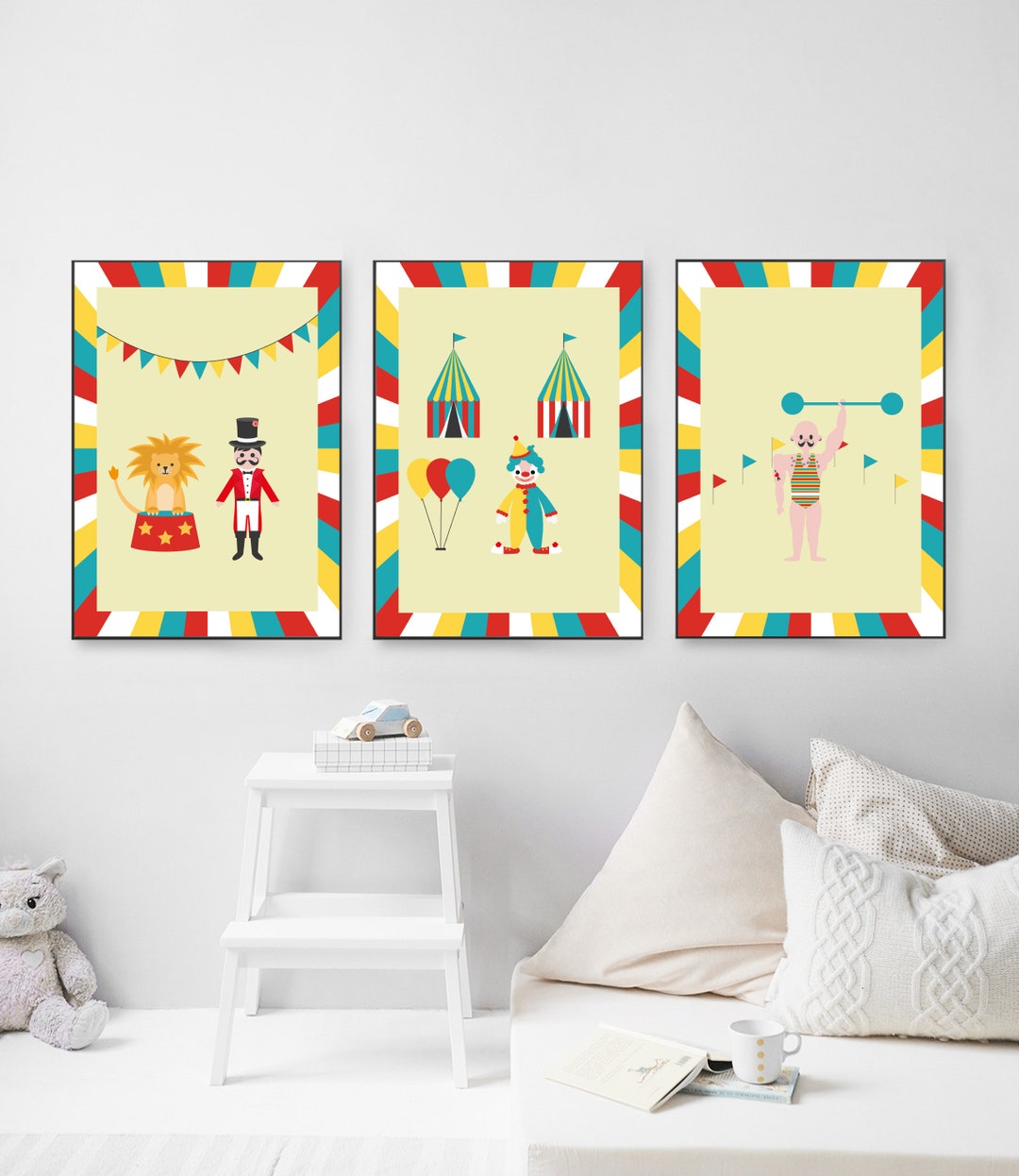 Fun Circus Nursery Wall Art 3 Set Easy Instant Digital Download A4