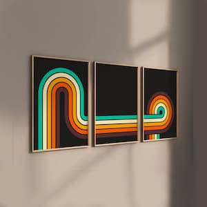 Art mural rétro des années 70 | Ensemble d'affiches 3 pièces Lignes vintage | Rayures minimalistes années 60 | Boucles Courbes | Décoration d'intérieur Salon Bureau