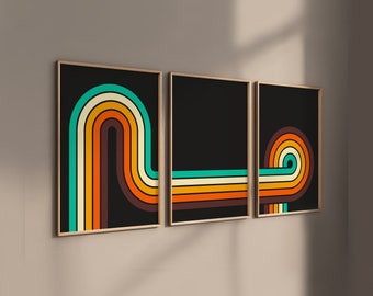 Coole Retro 70er Jahre Stil Wand Kunst | 6 Größen / Größenverhältnisse Mega Bündel | Vintage Lines 3 Teiliges Poster Set | Minimalistische Streifen | Herunterladen | Wohndekor