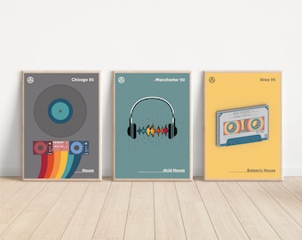 80s 90s House Music Poster Set: Chicago, Ibiza, Manchester