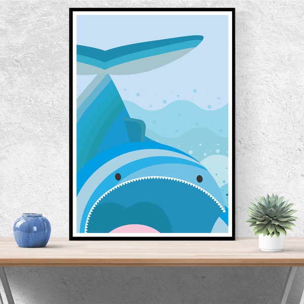 Fun Nautical Sea Monster Whale | Huge Mouth Jonah Waves | A4 & 8x10in Ocean Themed Print Instant Digital Download | Nursery Wall Art Decor