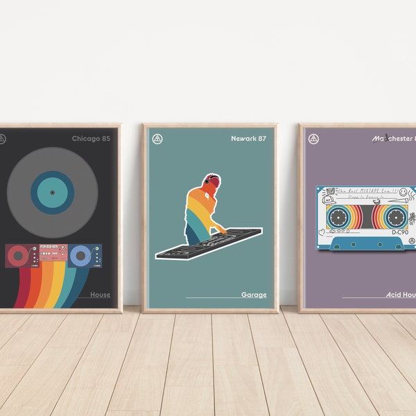 Retro Prints 80s Music Scenes Inspired Posters 3 Set | Culture Cities Chicago Madchester Acid House DJ Dance Clubs LP | Wall Home Art Decor