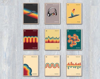9 A2 Retro 60s 70s 80s Music Genre Posters | Prog Rock Synth Pop House | Instant Digital Download A2 | You Print at Home | Wall Art Decor